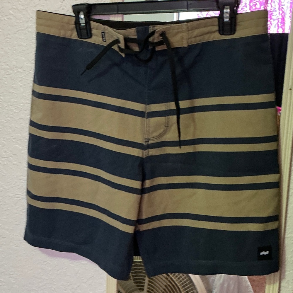 Stylish Navy and Tan Striped Men's Board Shorts